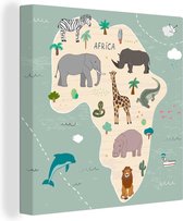 Canvas Wereldkaart - 50x50 - Wanddecoratie Afrika - Wereldkaart - Kinderen - Dieren - Jongens - Blauw - Kids