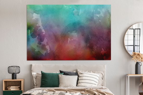 Canvas schilderij 150x100 cm - Wanddecoratie Waterverf - Groen - Rood - Muurdecoratie woonkamer - Slaapkamer decoratie - Kamer accessoires - Schilderijen