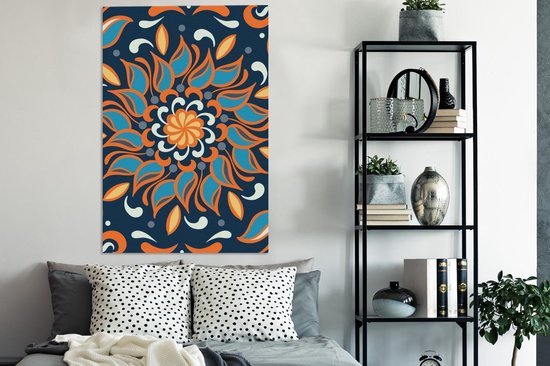 Motif carré et abstrait d'un tournesol bleu avec orange sur fond bleu foncé 90x140 cm - Tirage photo sur toile (Décoration murale salon / chambre)
