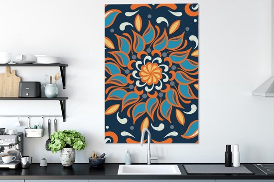 Motif carré et abstrait d'un tournesol bleu avec orange sur fond bleu foncé 90x140 cm - Tirage photo sur toile (Décoration murale salon / chambre)