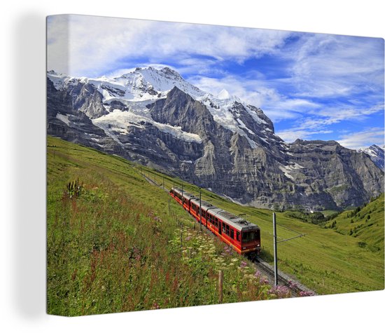 Canvas Schilderij Trein rijd over Jungfraujoch - 120x80 cm - Wanddecoratie