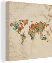 Canvas Wereldkaart - 20x20 - Wanddecoratie Wereldkaart - Retro - Planten