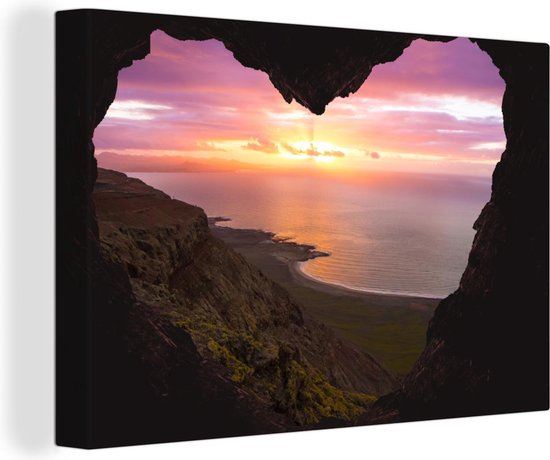 Ouverture en forme de coeur d'une grotte avec vue sur un magnifique coucher de soleil sur Lanzarote 30x20 cm - petit - Tirage photo sur toile (Décoration murale salon / chambre)