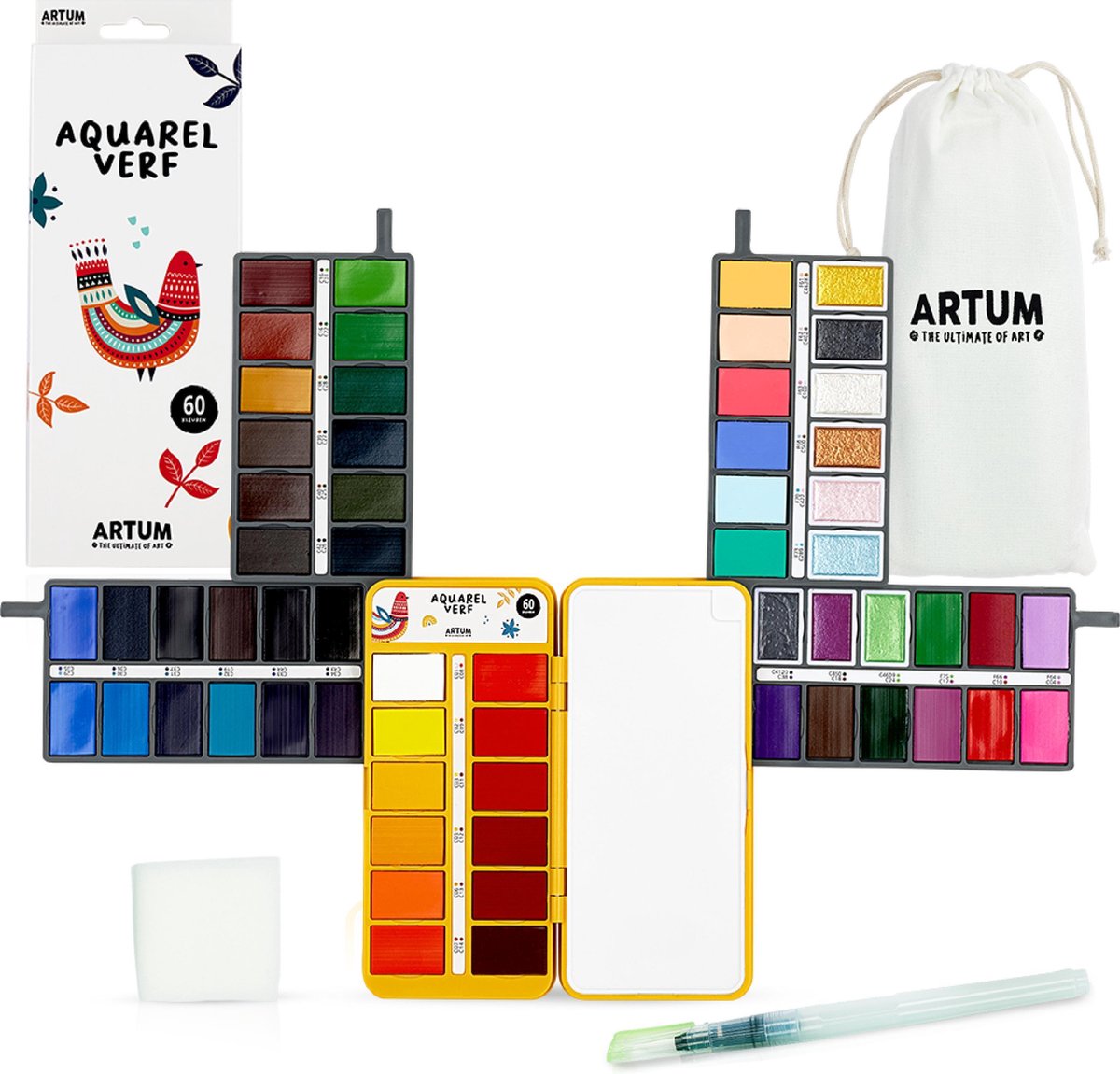 Aquarelverf Set met 60 Kleuren - Met Waterbrush en Spons - Waterverf - Schilderen - Handlettering - Brush Pennen