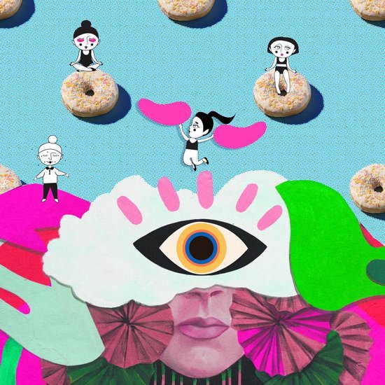 Collage met een oog, mond, donuts, bloemen en cartoonfiguren op een blauwe achtergrond.