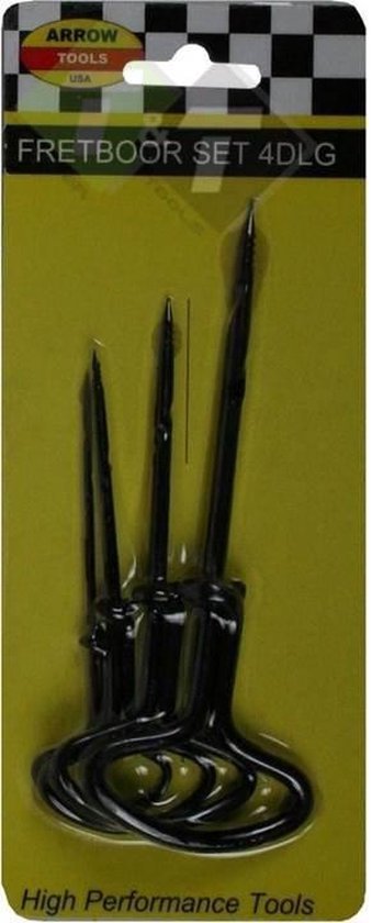 Gele verpakking met drie zwarte handboren met T-handvatten.
