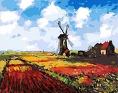 Painting by Number - Schilderen Op Nummer Kinderen - Volwassenen - Opgerold kreukvrij canvas - Hollands Landschap met Molen 40 x 50 cm - met houten opspan lijst framelijst