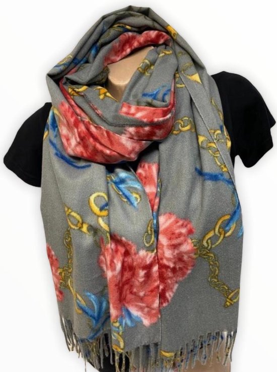 Lange Warme Dames Sjaal - Bloemen - Kettingprint - Grijs - 180 x70 cm