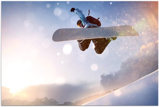 Poster – Achteraanzicht van Snowboarder - 150x100cm Foto op Posterpapier