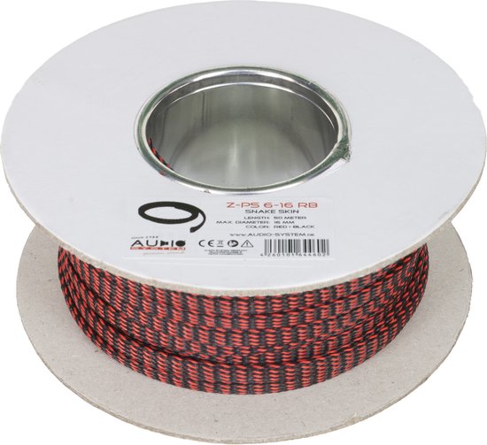 AUDIO SYSTEM Professionele gevlochten kous. Rol van 50 mtr. Diameter 13 tot 30 mm Rood/Zwart