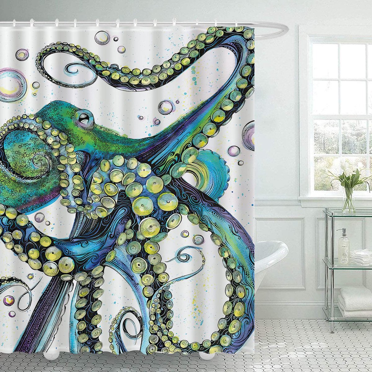 Ulticool Douchegordijn - Octopus Inktvis Zee Natuur - 180 x 200 cm - met 12 Ringen Wit - semi Transparant - anti Schimmel - Groen Blauw Wit