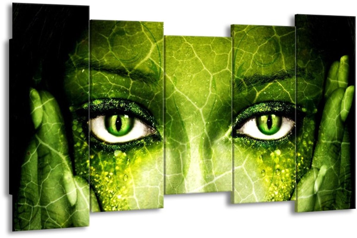 GroepArt - Canvas Schilderij - Gezicht - Groen, Wit, Zwart - 150x80cm 5Luik- Groot Collect