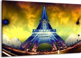 Schilderij Op Canvas - Groot -  Eiffeltoren - Blauw, Geel, Grijs - 140x90cm 1Luik - GroepArt 6000+ Schilderijen Woonkamer - Schilderijhaakjes Gratis