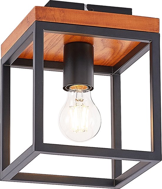 Lindby - plafondlamp - 1licht - staal, eikenhout - H: 22.5 cm - E27 - eiken, zwart