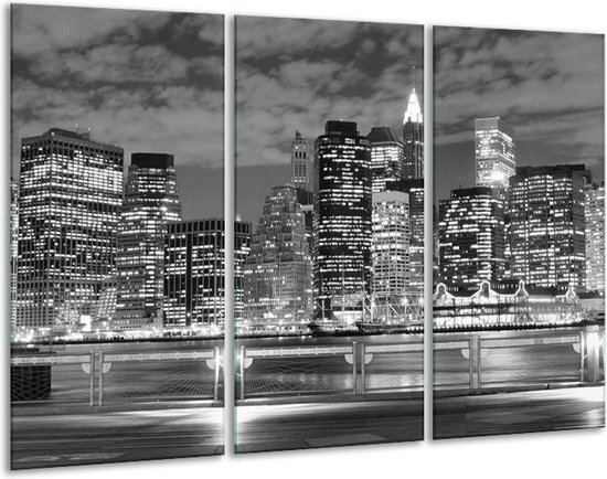 Glasschilderij New York - Grijs, Zwart, Wit - 120x80cm 3Luik - Foto Op Glas - Geen Acrylglas Schilderij - GroepArt 6000+ Glas Art Collectie - Maatwerk Mogelijk