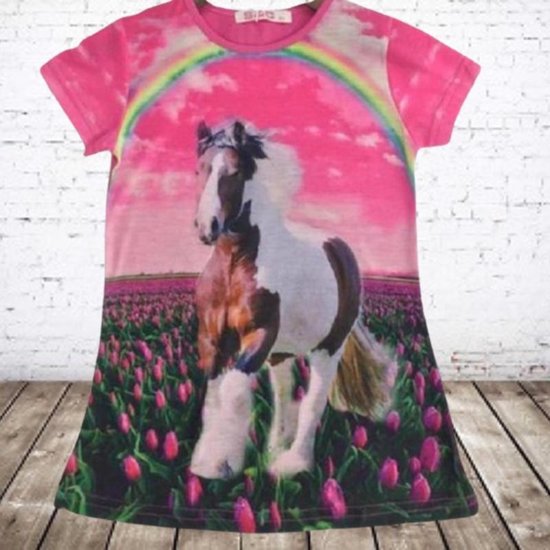Roze t shirt met paard en regenboog