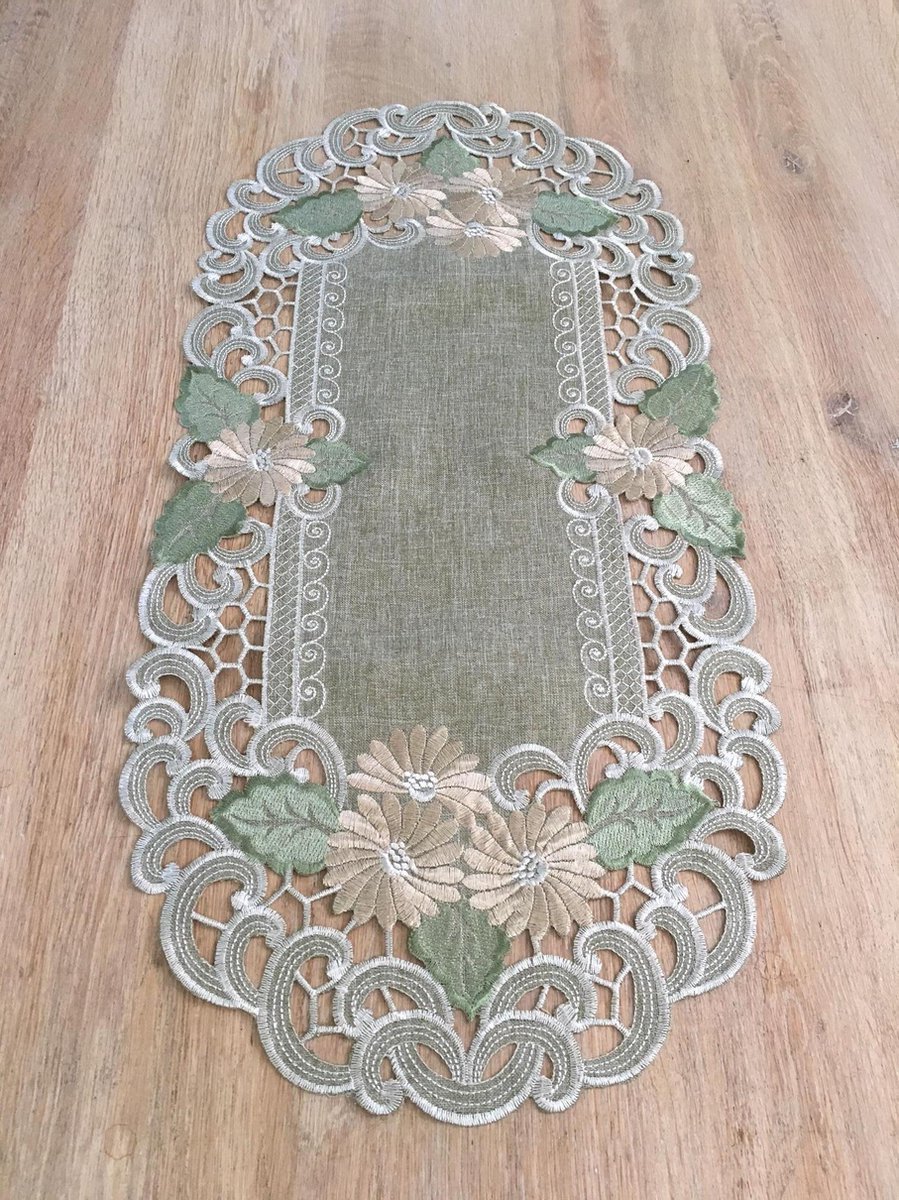 Tafelloper - Linnenlook - Groen met bloemen - Loper 70 cm