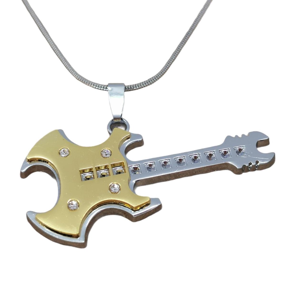 Gitaar hanger edelstaal met klankkast goudkleurig en strass steentjes.