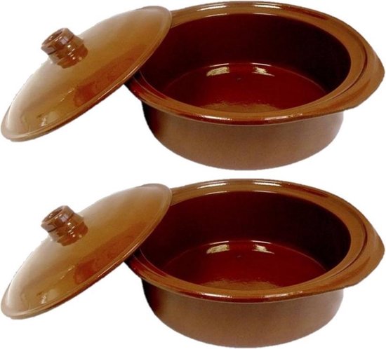 Set de 2 plats à tapas en terre cuite cocotte avec couvercle 28 cm -  Cocottes en pierre | bol