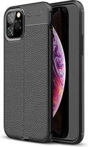 iPhone 11 Pro Max Hoesje Shock Proof Siliconen Hoes Case | Back Cover TPU met Leren Textuur - Zwart
