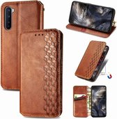 For One Plus Nord Cubic Grid Pressed Horizontal Flip Magnetic PU Leather Case met houder & kaartsleuven & portemonnee (bruin)