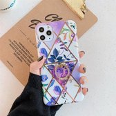 Voor iPhone 12 Pro Max Plating Geometrische Bloem Serie IMD TPU Mobiele Telefoon Case Met Ring Beugel Steentjes (Paars PC3)