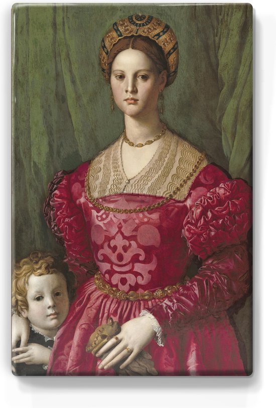 Schilderij - Een jonge vrouw en haar zoontje - Agnolo Bronzino - 19,5 x 30 cm - Niet van echt te onderscheiden handgelakt schilderijtje op hout - Mooier dan een print op canvas.