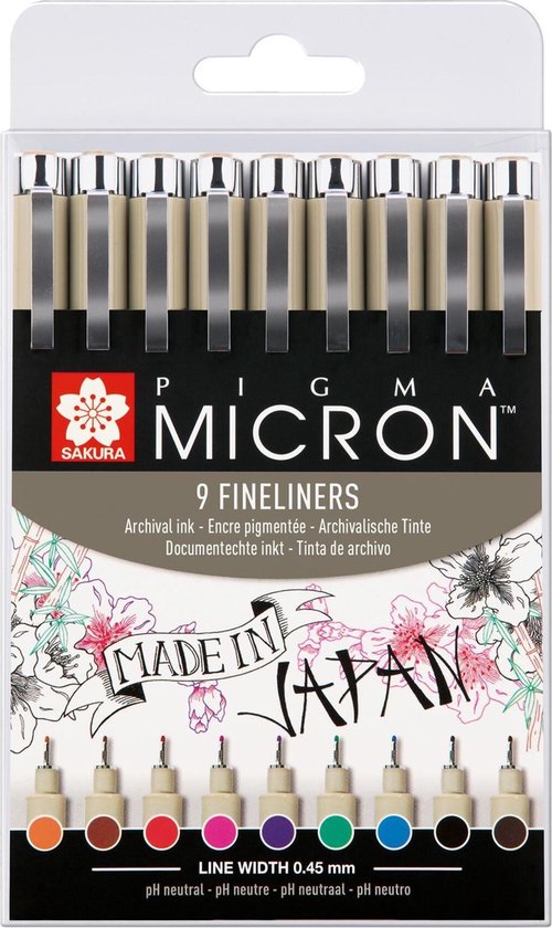 Fineliner Sakura Pigma Micron assorti etui à 9 stuks