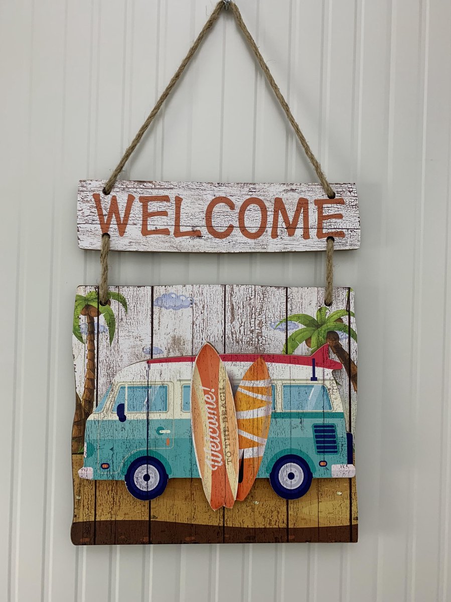 Tuinbord welcome met retro bus blauw