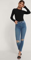 NA-KD Skinny High Waist Destroyed Vrouwen Jeans - Mid Blue - Maat EU 34