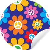 WallCircle - Muurstickers - Behangcirkel - Flower power bloemen vredesteken - 50x50 cm - Muurcirkel - Zelfklevend - Ronde Behangsticker