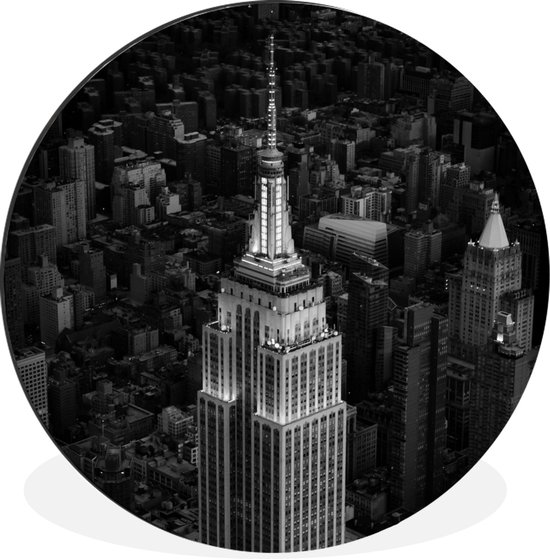 WallCircle - Wandcirkel - Muurcirkel - Luchtfoto van Empire State building -zwart-wit - Aluminium - Dibond - ⌀ 90 cm - Binnen en Buiten