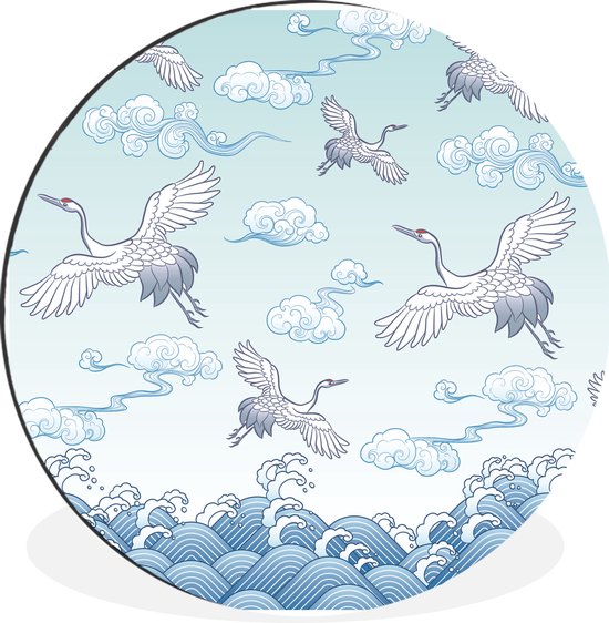 WallCircle - Wandcirkel - Muurcirkel - Schildering van Chinese kraanvogels - Aluminium - Dibond - ⌀ 60 cm - Binnen en Buiten