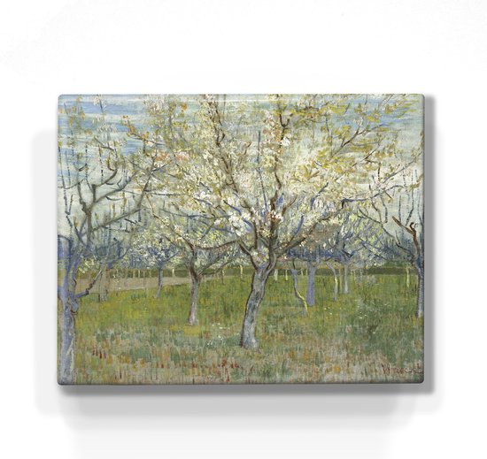 Schilderij - De roze boomgaard - Vincent van Gogh - 24x 19,5 cm - Niet van echt te onderscheiden handgelakt schilderijtje op hout - Mooier dan een print op canvas.