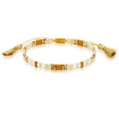 Twice As Nice Armband in goudkleurig edelstaal, tila beads, beige met floche 19 cm