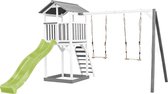 AXI Beach Tower Speeltoestel in Grijs/Wit - Speeltoren met Dubbele Schommel, Limoen Groene Glijbaan en Zandbak - FSC hout - Speelhuis op palen voor de tuin