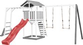 AXI Beach Tower Aire de Jeux avec Toboggan en Rouge, Cadre d'escalade, 2 Balançoires & Bac à Sable - Grande Maison Enfant extérieur en Gris & Blanc - Cabane de Jeu en Bois FSC