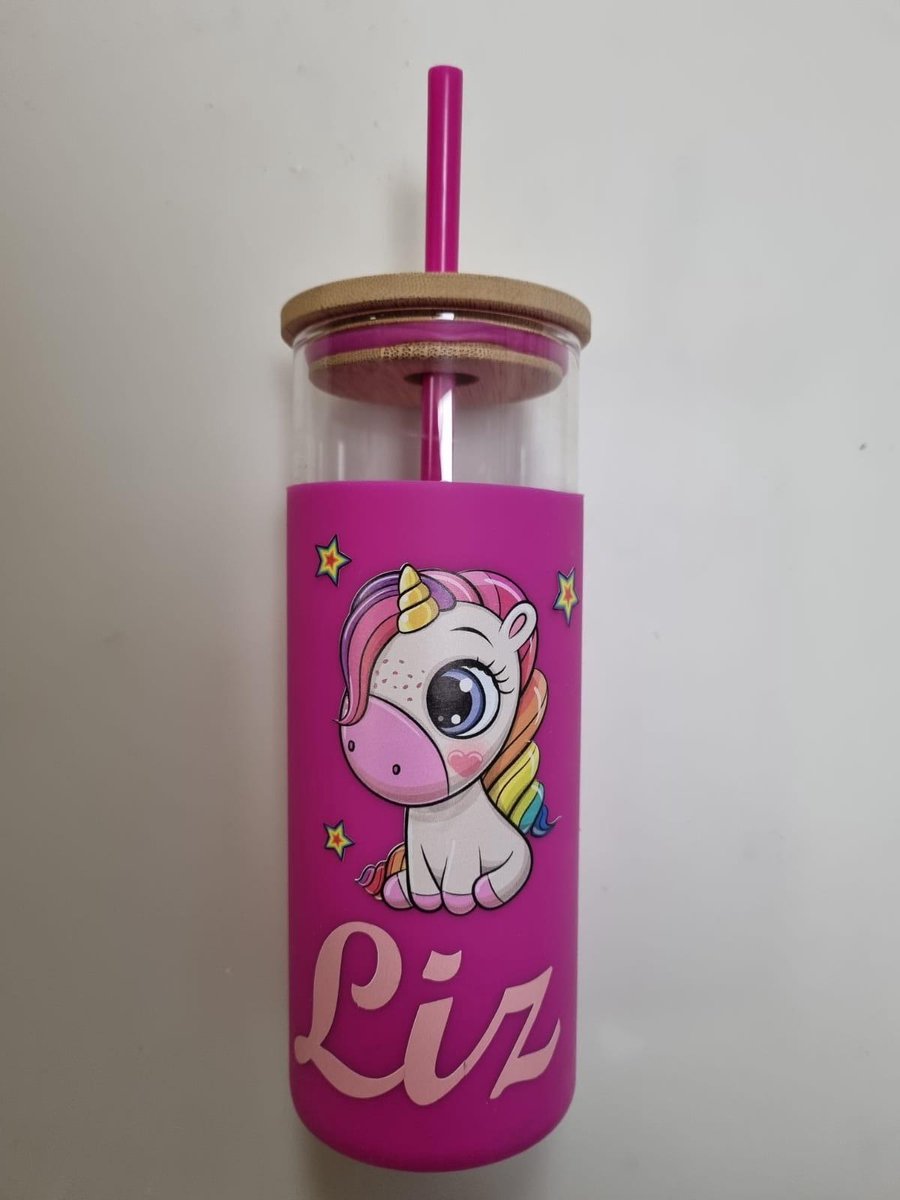 Gepersonaliseerde drinkfles unicorn - eigen naam - meisje - roze - met rietje - drinken - fles - gekoeld - grip - deksel - halve liter