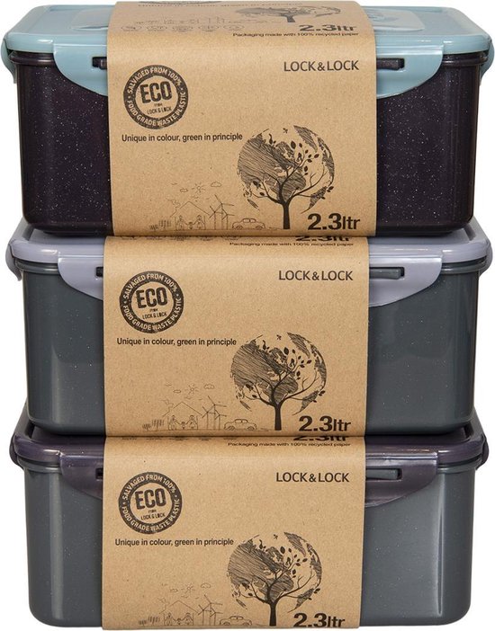 Conteneurs frais Lock&Lock ECO | Boîtes de conservation alimentaire - 2,3 litres - Durable - Zéro déchet - 100% plastique recyclé - Set de 3 pièces