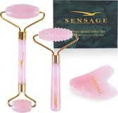 Sensage rozenkwarts roller met Gua Sha steen | Massage jade roller | 100% natuurlijk rose quartz | Gezichtsroller | Face roller | Roller | Gezichtsmassage | 4-delige Beauty set