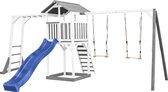 AXI Beach Tower Speeltoestel in Grijs/Wit - Speeltoren met Klimrek, Dubbele Schommel, Blauwe Glijbaan en Zandbak - FSC hout - Speelhuis op palen voor de tuin