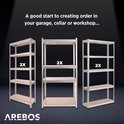 Drie AREBOS stellingkasten van verschillende breedtes, ideaal voor garage, kelder of werkplaats.