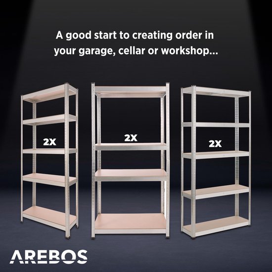 Drie AREBOS stellingkasten van verschillende breedtes, ideaal voor garage, kelder of werkplaats.