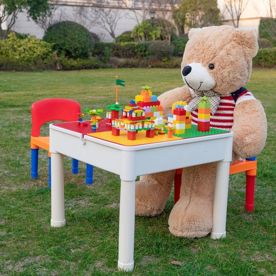 Kindertafel met 1 Stoeltje - Speeltafel met bouwplaat en vlakke kant - Geschikt voor Lego® & Duplo® Bouwstenen