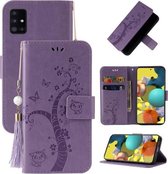 Voor Samsung Galaxy A51 5G Reliëf Lucky Tree Horizontale Flip Lederen Case met Houder & Kaartsleuf & Portemonnee & Lanyard (paars)