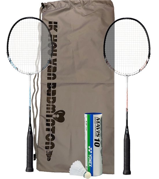 Yonex Musclepower badmintonset - 2 MP badmintonrackets - grijze draagtas en Mavis 10 badmintonshuttles