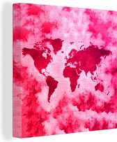 Canvas Wereldkaart - 20x20 - Wanddecoratie Wereldkaart - Kleuren - Roze