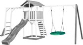 AXI Beach Tower Speeltoestel in Grijs/Wit - Speeltoren met Klimrek, Summer Nestschommel, Grijze Glijbaan en Zandbak - FSC hout - Speelhuis op palen voor de tuin