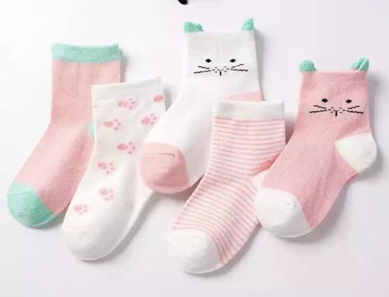 5 paar New born Baby sokken - set babysokjes - 0-6 maanden - roze katten sokken - babysokken - multipack - dierensokken