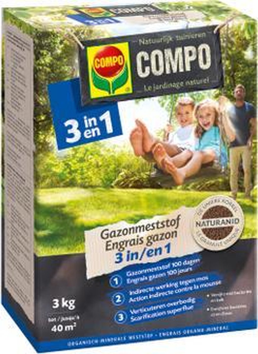 COMPO Gazonmeststof 3 in 1 - meststof met indirecte werking tegen mos + verticuteren overbodig - lange werking van 100 dagen - met bacteriën - doos 3 kg (40 m²)